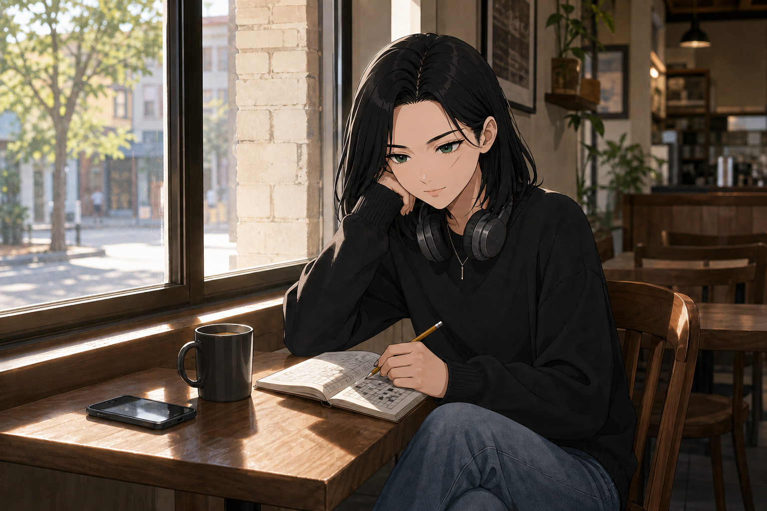 Kira installée dans un café avec un sudoku