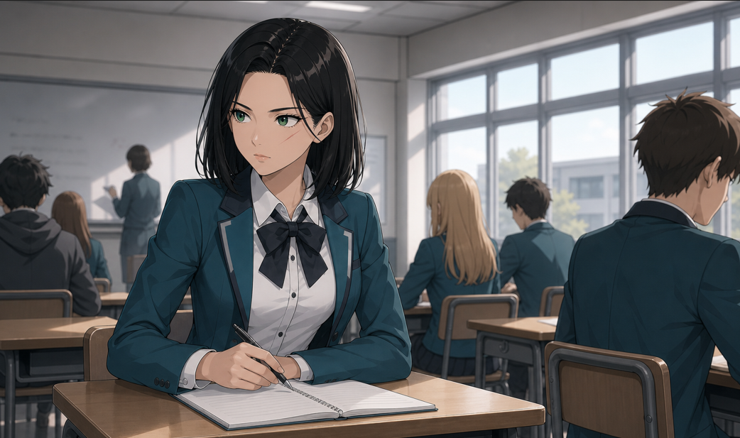 Kira assise à son bureau dans une salle de classe de Wellston