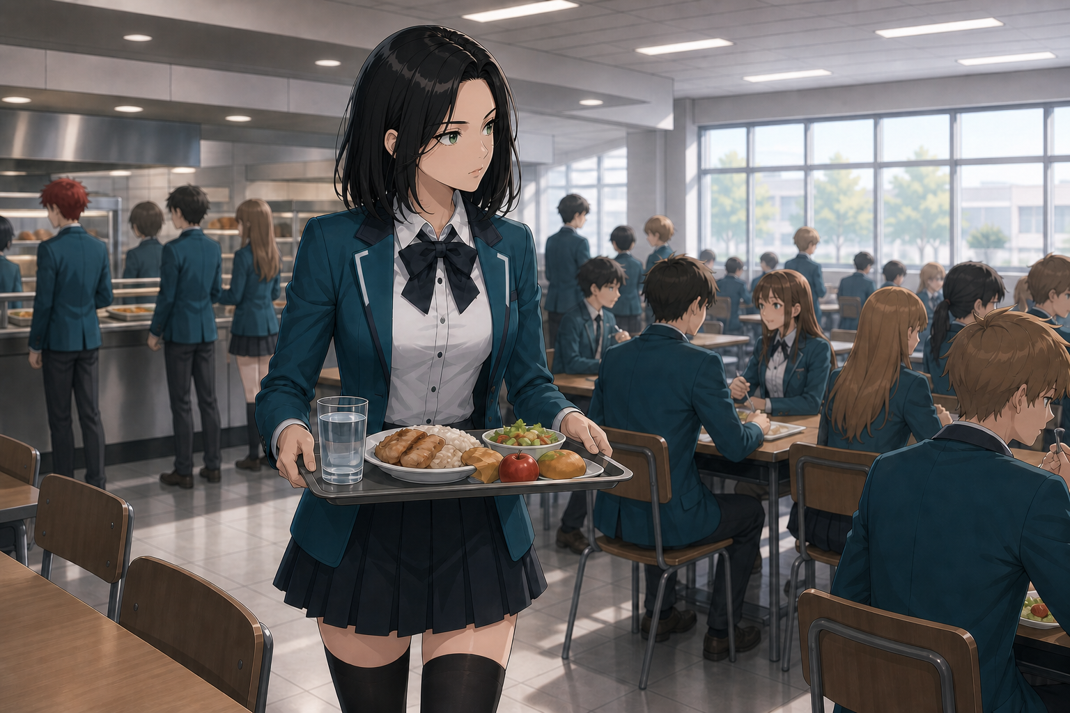Kira portant son plateau dans le réfectoire de Wellston