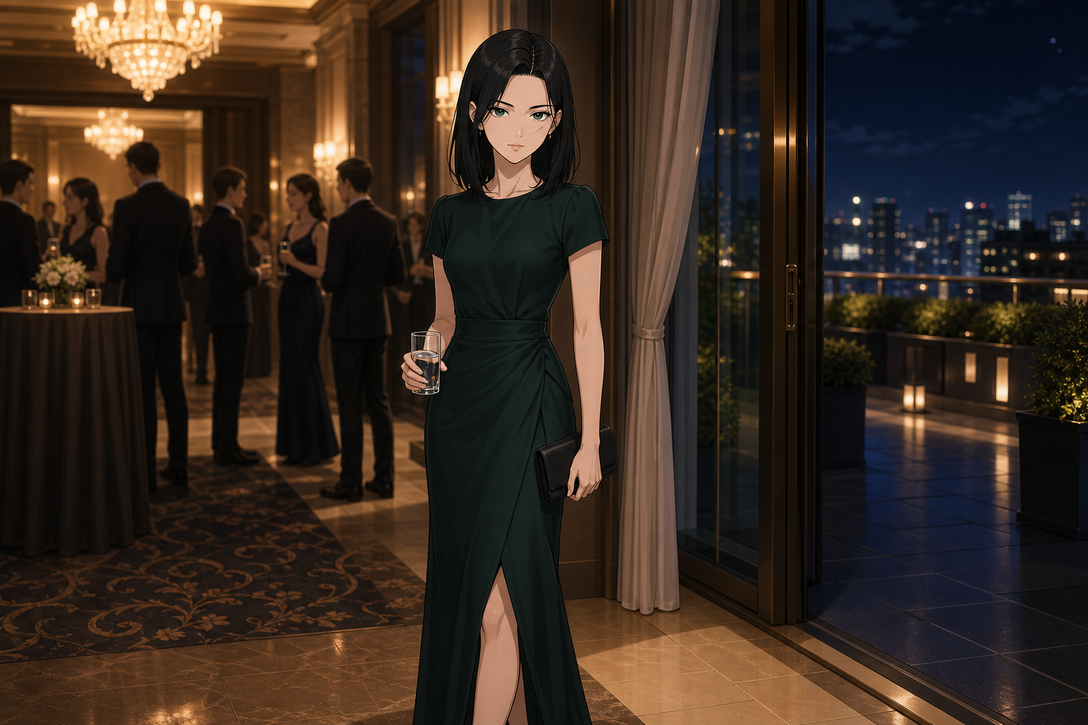 Kira lors d’une réception en robe vert sombre