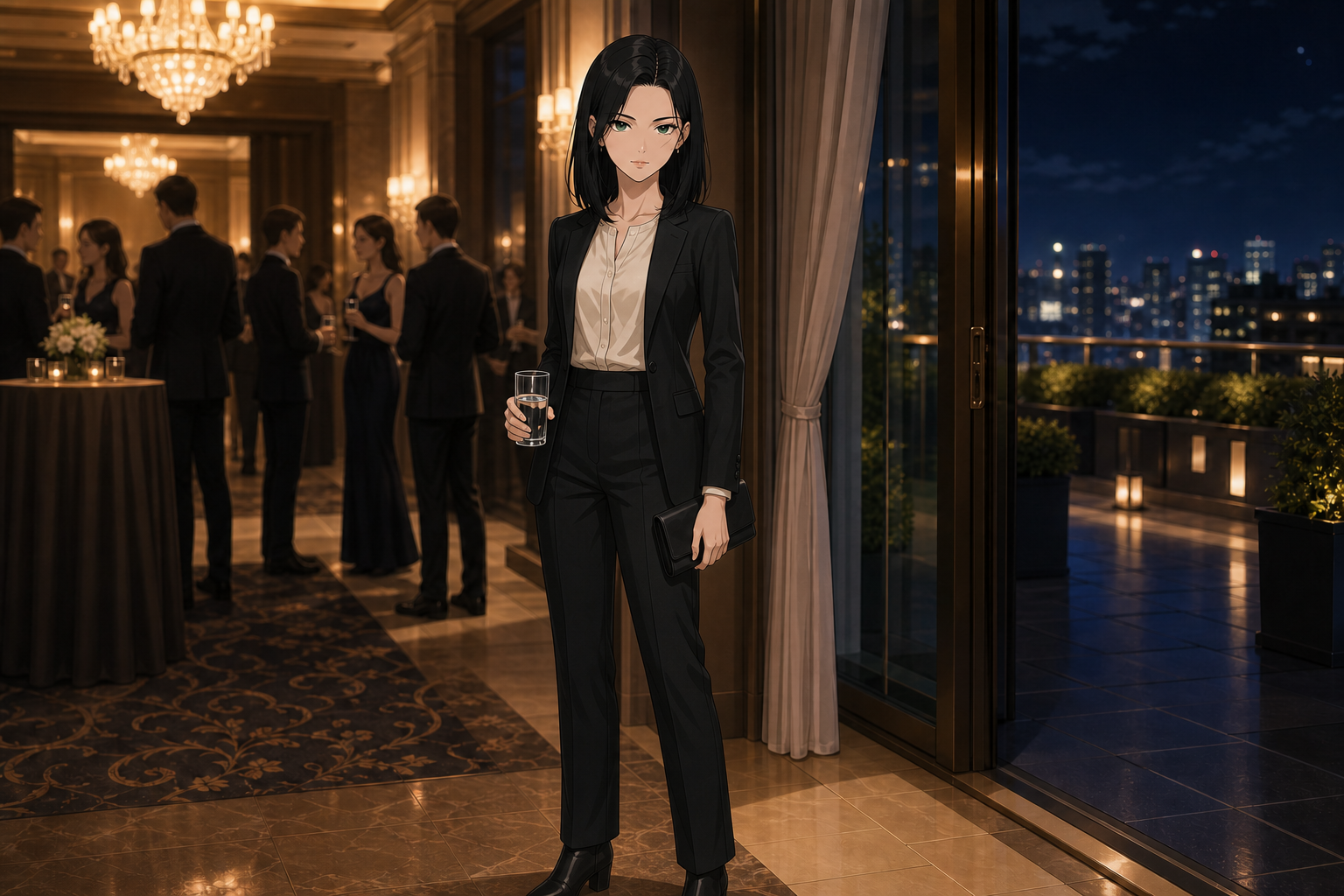 Kira lors d’une réception en tailleur noir