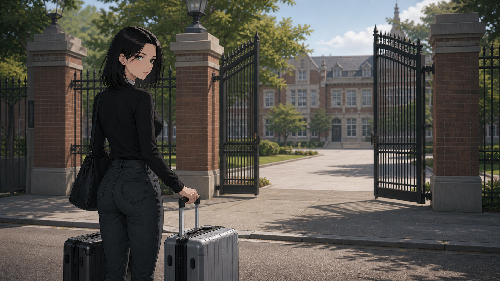 Kira attend avec ses valises devant le portail de Wellston