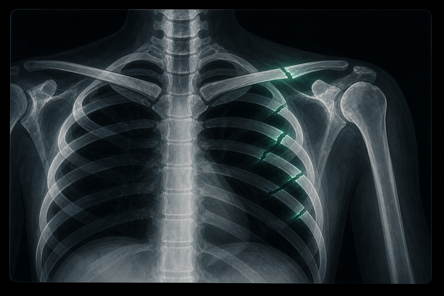 Radiographie illustrée montrant une fracture de l’épaule et plusieurs côtes fêlées